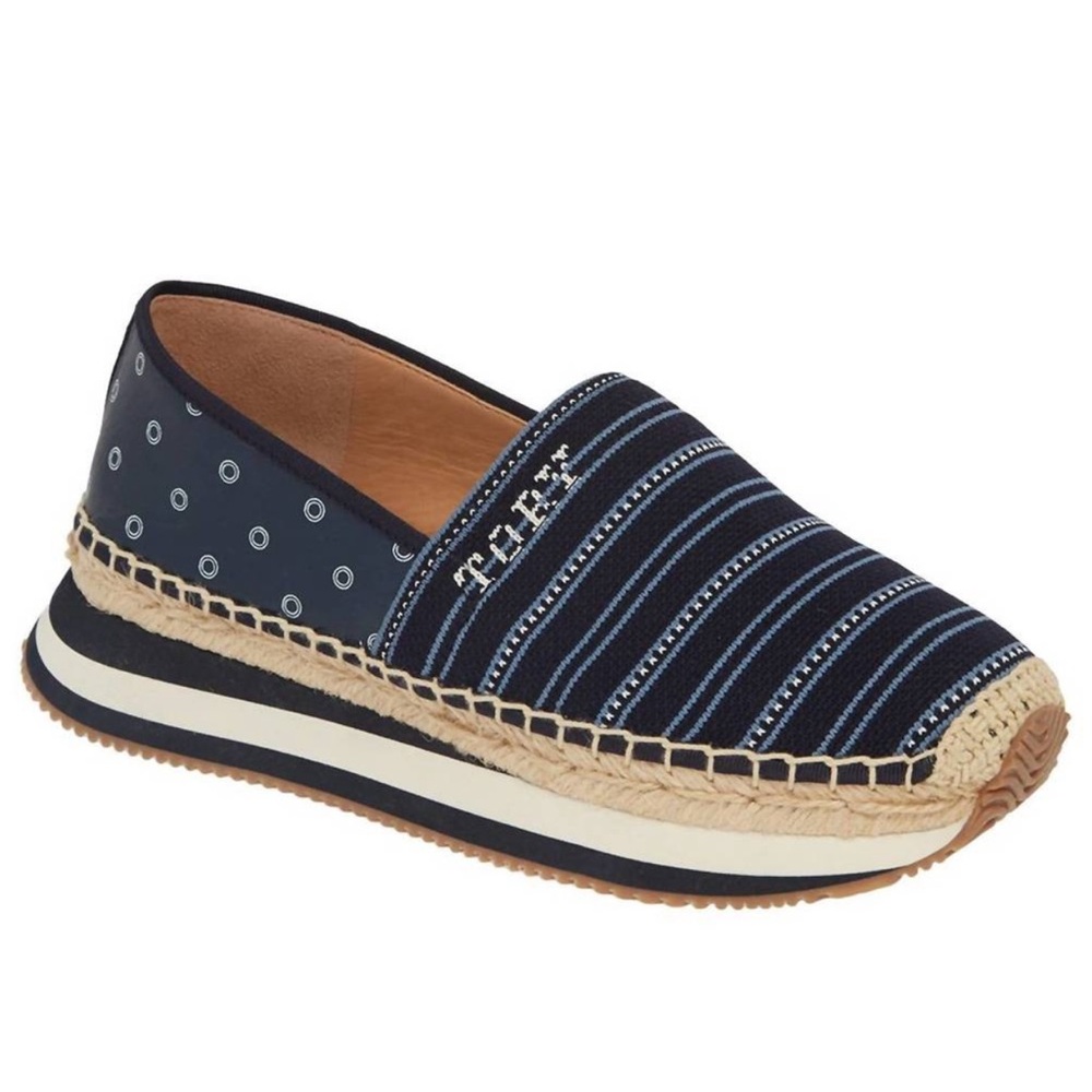 TORY BURCH Daisy Shibori Dot Stripe Espadrille Trainer Navy Womens Size 10.5 NEW